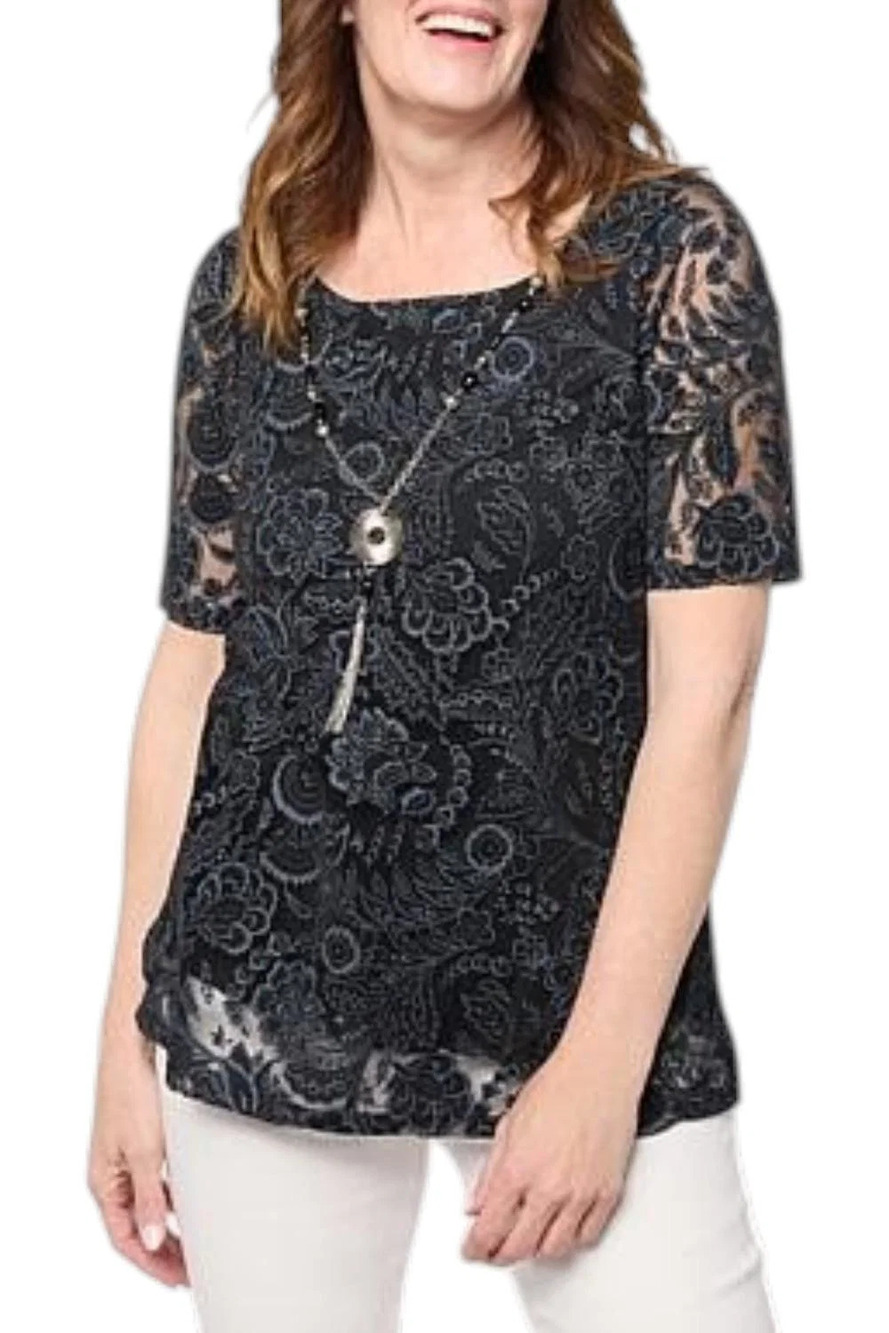 Nina Leonard Women's Burnout Knit Elbow Sleeve Necklace Top Black - Regular